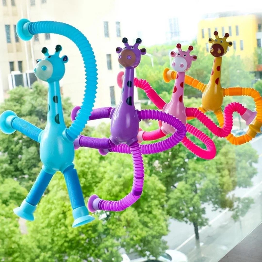 Brinquedo de girafa interativo e educativo para bebês e crianças. Kit girafinhas coloridas com ventosa, esticáveis e divertidas