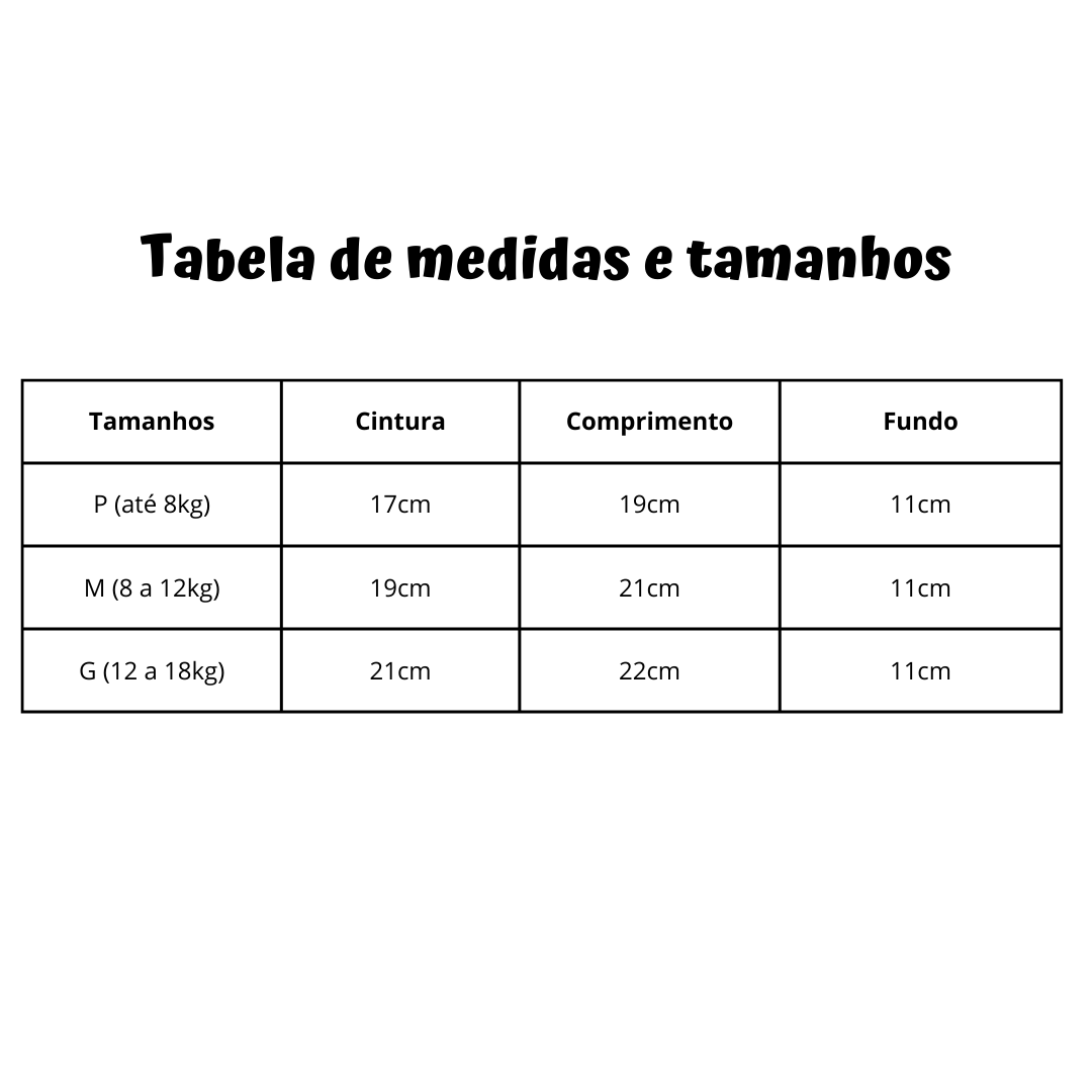 tabela de medidas e tamanhos calcinha e cueca desfralde